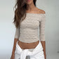 Striped Knit Off The Shoulder 3/4 Sleeve Crop Tops 2026 Fall T Shirts Woman Trendy Clothes