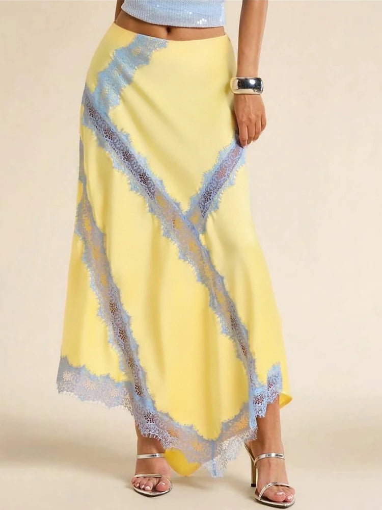 Lace Decoration Long Skirts Woman Summer Trend Elastic Waist Wrap Hip Daliy Street Y2K Elegant Style Classic Bottoms