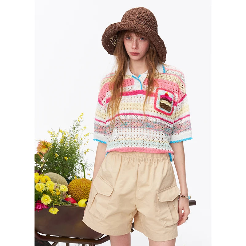 Women's Sweet Colorful Striped Knit Top, Crochet Cake Pocket Openwork Polo T-Shirt, Cute Summer Short Sleeve Knitwear