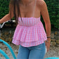 Y2K Coquette Aesthetic Pink Gingham Babydoll Top Spaghetti Strap Square Neck Double Layer Ruffle Hem Peplum Cami Blouse