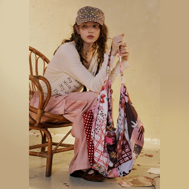 Women's Patchwork Mixed Print Canvas Shoulder Tote Bag with Adjustable Strap, Multi Pattern Large Casual Shopper Bag