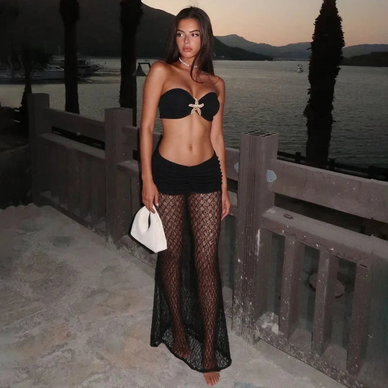 Two Piece Set See Through Lace Long Skirt Tube Top Beach Vacation Outfits Sexy Summer Clothes for Woman