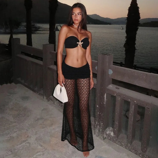 Two Piece Set See Through Lace Long Skirt Tube Top Beach Vacation Outfits Sexy Summer Clothes for Woman