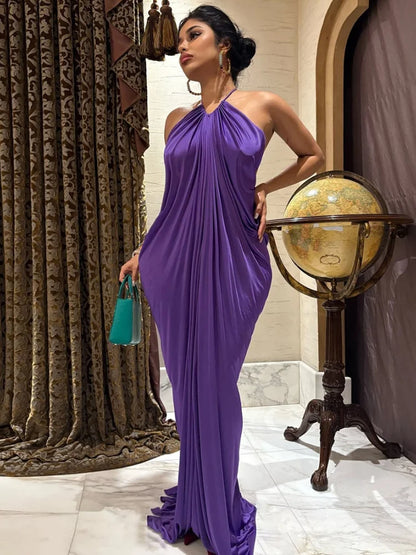 Draped Halterneck High Slit Long Party Dresses Sexy Purple Evening Gown 2026 Summer Maxi Dresses Woman