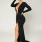 High Split Elegant Deep V-Neck Dress Women Sexy Simple Ruched Full Sleeve Fashion Classic Banquet Party Club Maxi Bodycon