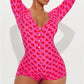 Women Sexy Bodycon Deep V Neck Trapdoor Fashion Heart Printed Long Sleeve Butt Flap Romper Valentines Pajama Playsuit