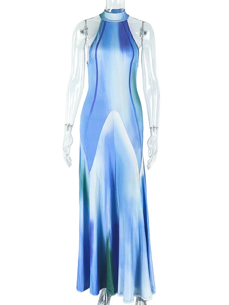 Gradient Print Dress Women Turtleneck Sleeveless Ruched Ruffles Elegant Robe Midnight Banquet Party Hipster Vestidos