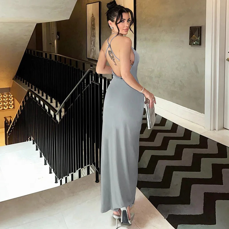 Sexy Halter Backless Split Maxi Dress 2024 Summer Outfits Women Elegant Party Long Dresses Night Gown