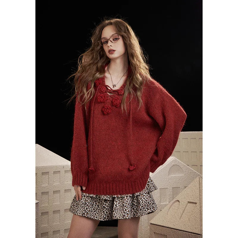 Y2K Design Loose Solid 3D Rose Drawstring Tie Sweater For Women