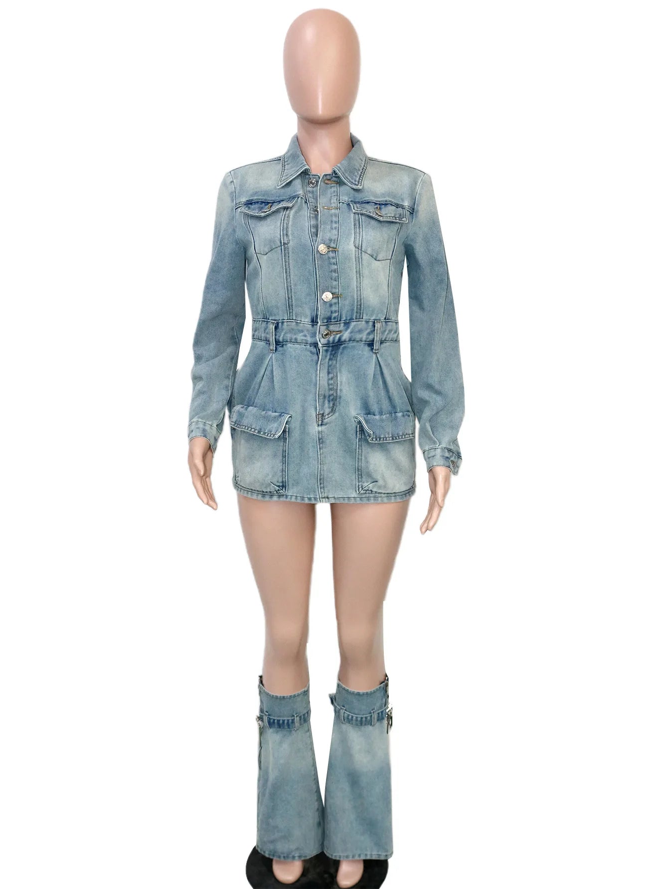 Denim 2Piece Set Women Patchwork Single-Breasted Dress+Zip Metal Trim Leg Sleeve Hottie Trend Street Vintage Outfits