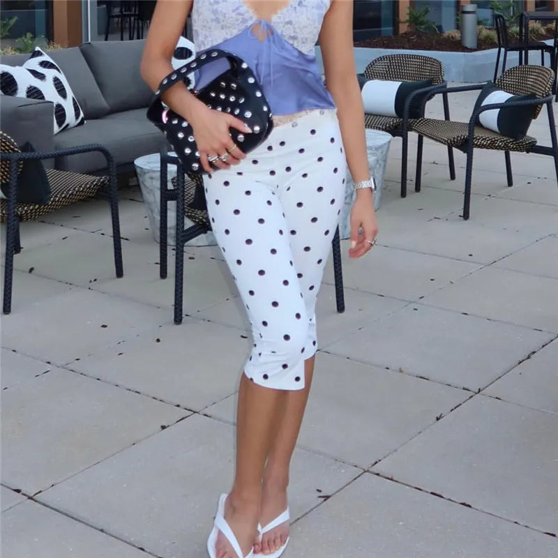 Women's Low Waist Polka Dot Capri Pants Slim Fit Cropped Leggings Casual Y2K Streetwear Summer Bodycon Trousers