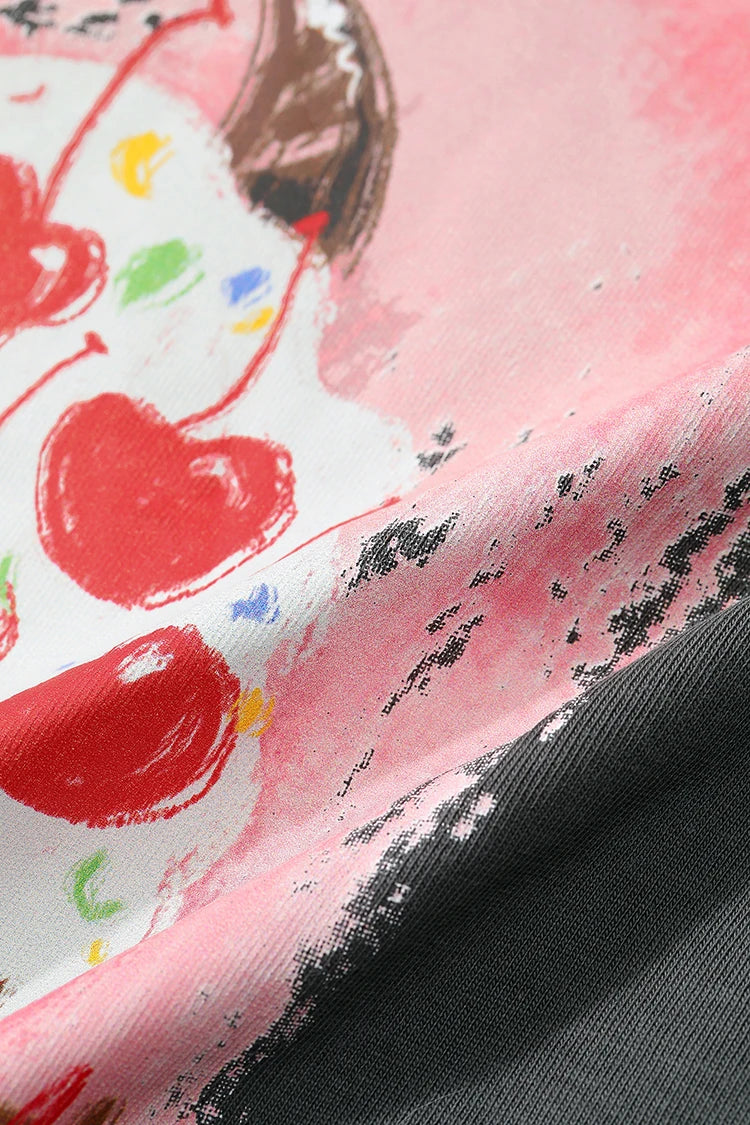 Women's Oversized Drop Shoulder T-Shirt, Graffiti Cake Print Double Gauze Tee, Casual Versatile Summer Short Sleeve Top