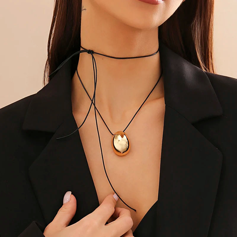 Goth Elegant Big Bean Pendant Choker Necklace for Women Collares Wed Bridal Knotted Bowknot Adjustable Rope Chain Y2K Jewelry