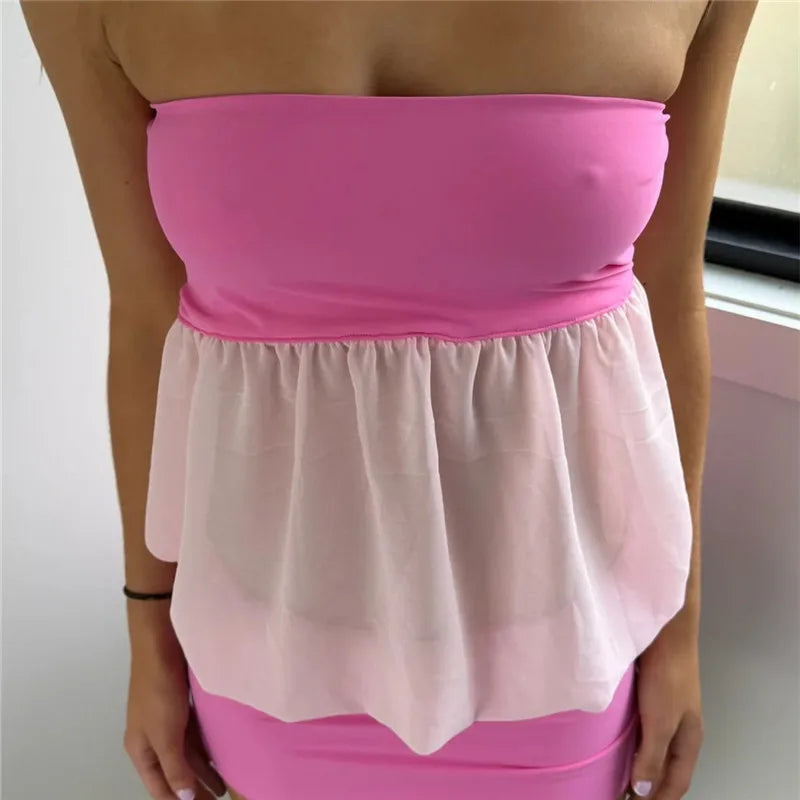 Y2K Sweet Strapless Mesh Spliced Tube Top Women Sheer Chiffon Peplum Flowy Crop Top Sleeveless Casual Party Blouse