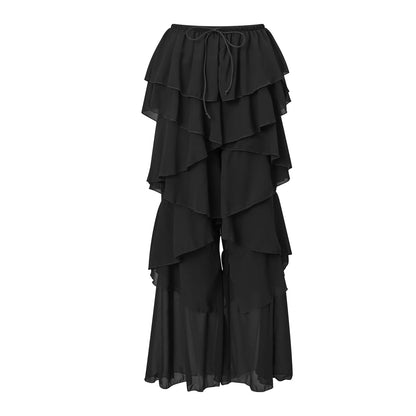 Tiered Ruffle Sheer Chiffon Wide Leg Pants Women Beach Bikini Cover Up Drawstring Waist Casual Vacation Trousers