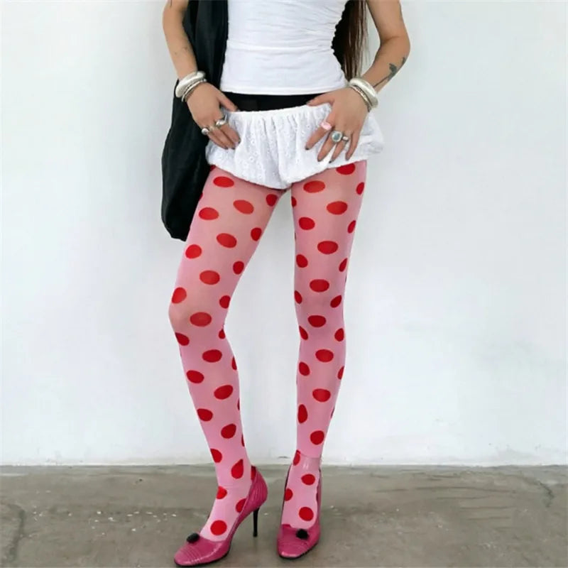 Womens Y2K Printed Sheer Tights Color Plaid Polka Dot Pattern Transparent Pantyhose Fashion Street Cosplay Hosiery