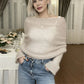 Women Loose Mohair Knitted Sweater Draped Off Shoulder Flare Sleeve Sheer Knit Jumper Cross Wrap Back Winter Pullover