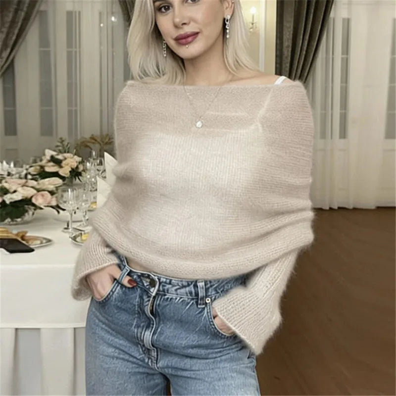 Women Loose Mohair Knitted Sweater Draped Off Shoulder Flare Sleeve Sheer Knit Jumper Cross Wrap Back Winter Pullover