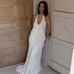 V Neck Backless Sleeveless Pleated Long Maxi Dress Sexy Mesh White Dresses for Woman Party Wedding