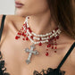 Gothic Multi-layer Imitation Pearl Choker Necklace for Women Vintage Red & Black Crystal Cross Pendant Halloween Jewelry