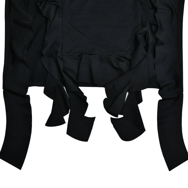 V Neck Hooded Ruffle Split Long Dresses Irregular Sexy Black Dress Y2k Street Fashion Winter Outfits for Women