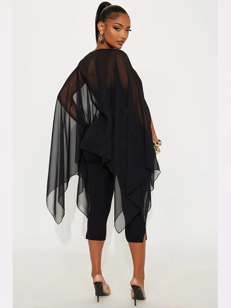 Hottie Mesh See Through Shawl Top Woman Skew Collar Batwing Sleeve Irregular Navel Exposed Design Sexy Fashion Clothing