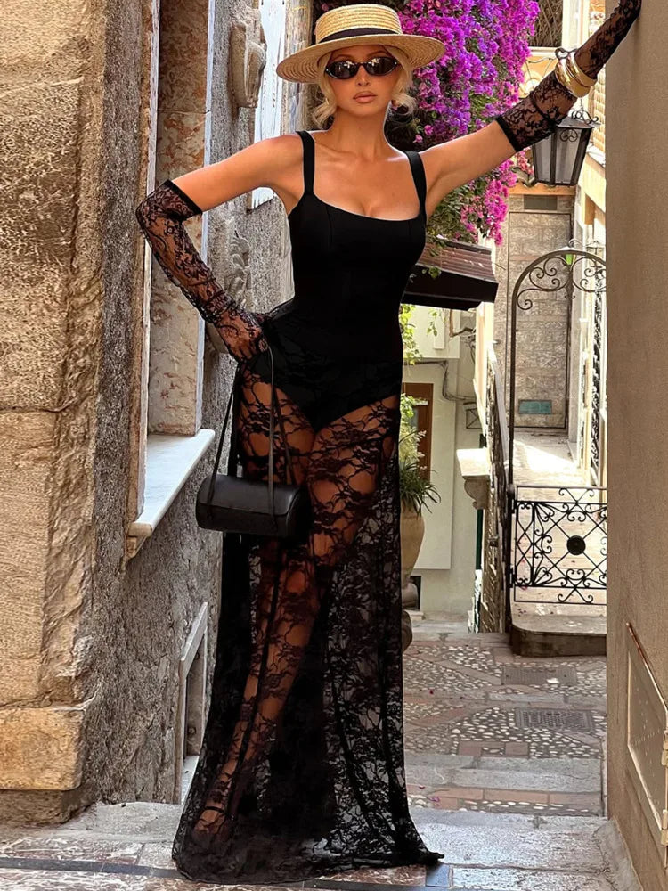 Women Mesh Lace Sexy Maxi Dress Sleeveless See‑Through Long Dress With Lace Gloves Evening Party Club Bodycon Dresses
