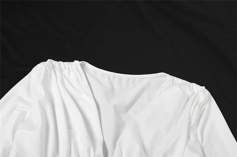 Sexy Deep V Neck Ruched Long Sleeve Dresses Elegant Clothes Woman Fall White Short Party Dress