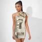 Metallic Gold Party Dress Women Elegant Bow One Shoulder Backless Mini Dresses Sexy Night Club Outfits