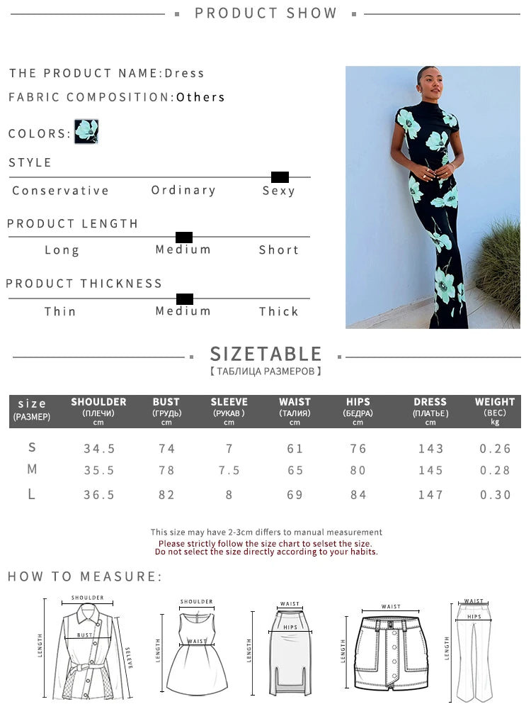 Casual Elegant Long Dress Woman Summer Trend Floral Print o-Neck Short Sleeve Vacation Basic Style High Waist Bodycon