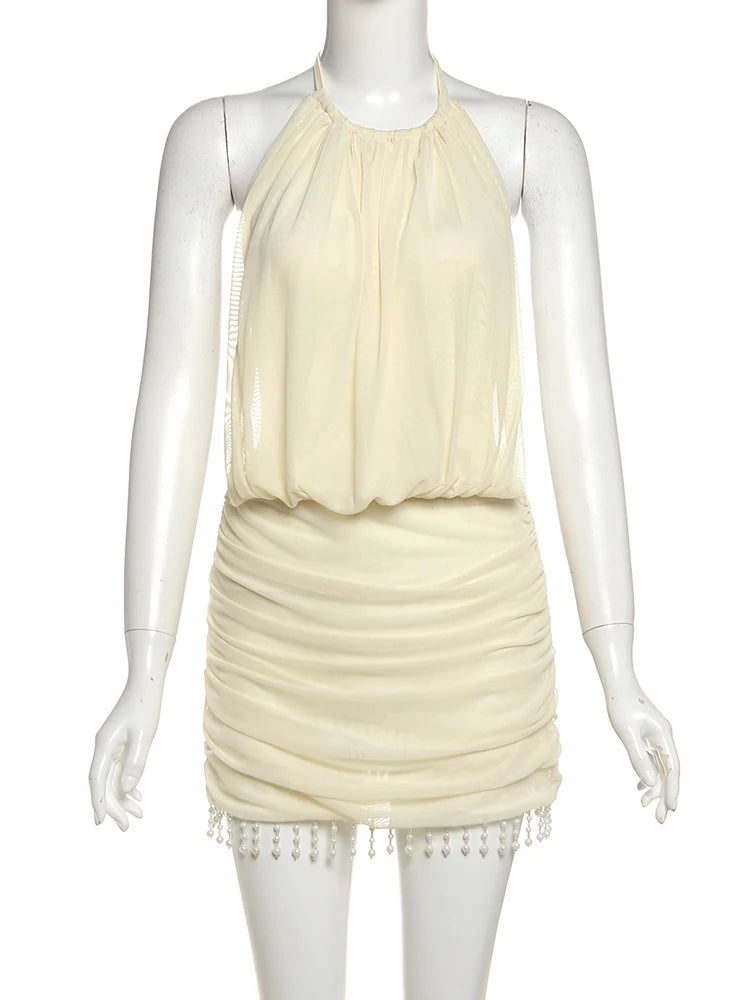 Mesh Patchwork Mini Dress Women Lace-Up Halter Sexy Backless Pearl Tassel Midnight Club Party Ruched Elegant Outfits