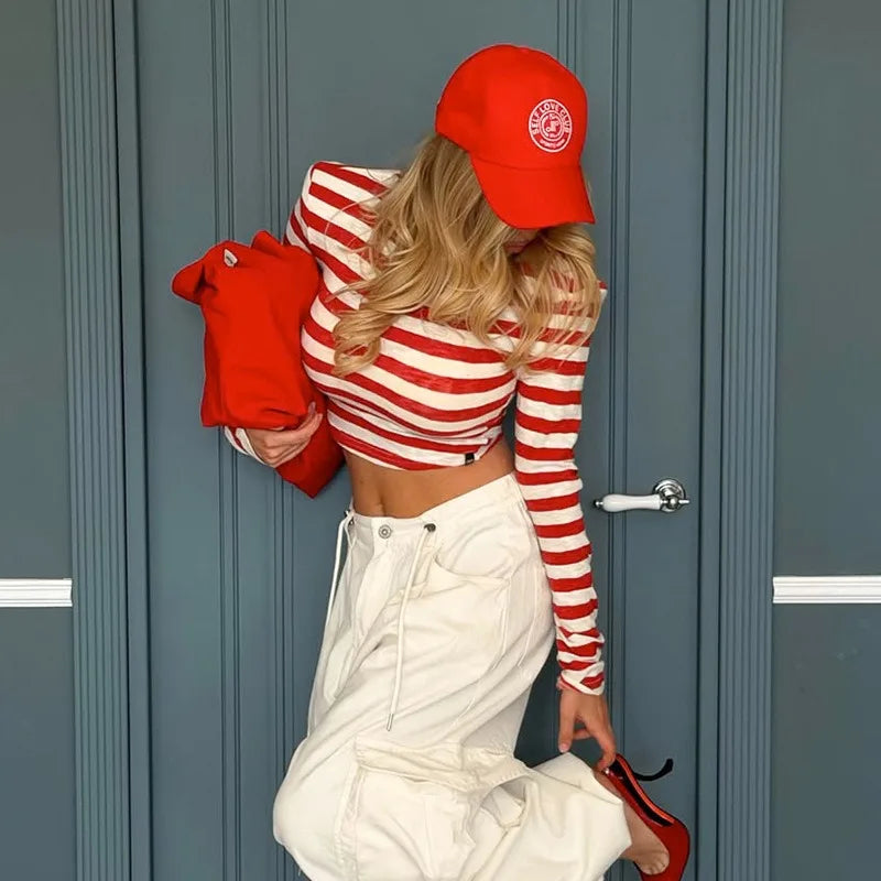 Red and White Striped Long Sleeve Crop Top Street Fashion T Shirt for Woman Autumn Clothes 2026