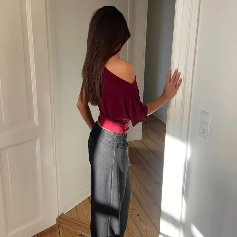 Off The Shoulder Short Sleeve Tops Casual Clothes for Woman Summer Solid Color T Shirts