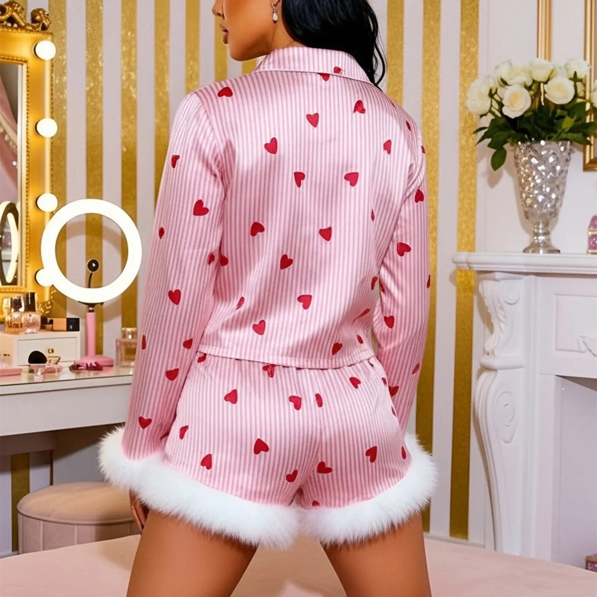 Women Valentine's Day Pajamas Set Striped Heart Furry Trim Long Sleeve Tops and Shorts 2 Piece Sleepwear Outfit