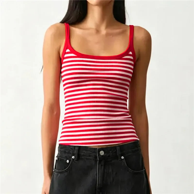 Women Striped Ribbed Tank Top U Neck Sleeveless Slim Fit Cami Top Y2K Retro Stripe Print Summer Casual Camisole