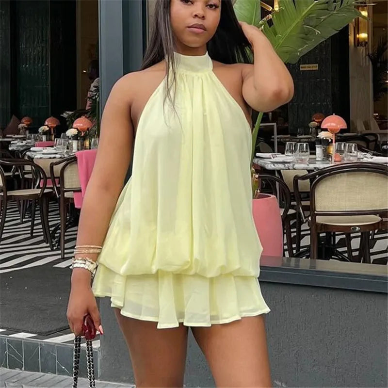 Elegant Women's Halter Neck Short Dress Summer Sleeveless Open Back Drop Waist Ruffle Mini Dress Beach Club Party Dress