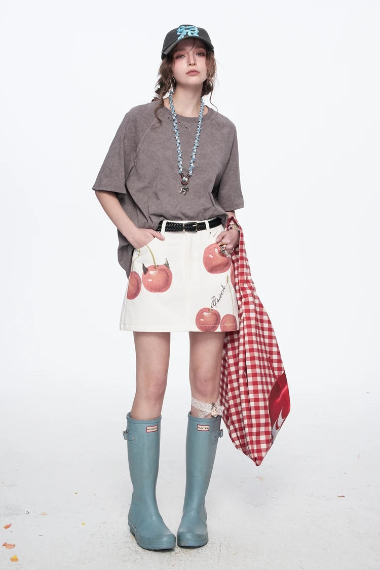 2025 Spring New Arrivals Y2K Original Cherry Printed Denim Skirt Women's Cotton A-Line Mini Skirt(Gift belt)