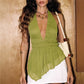 Halter Top Women Deep V Neck Chiffon Peplum Blouse Sleeveless Backless Tie Back Ruched Waist Casual Summer Party Top