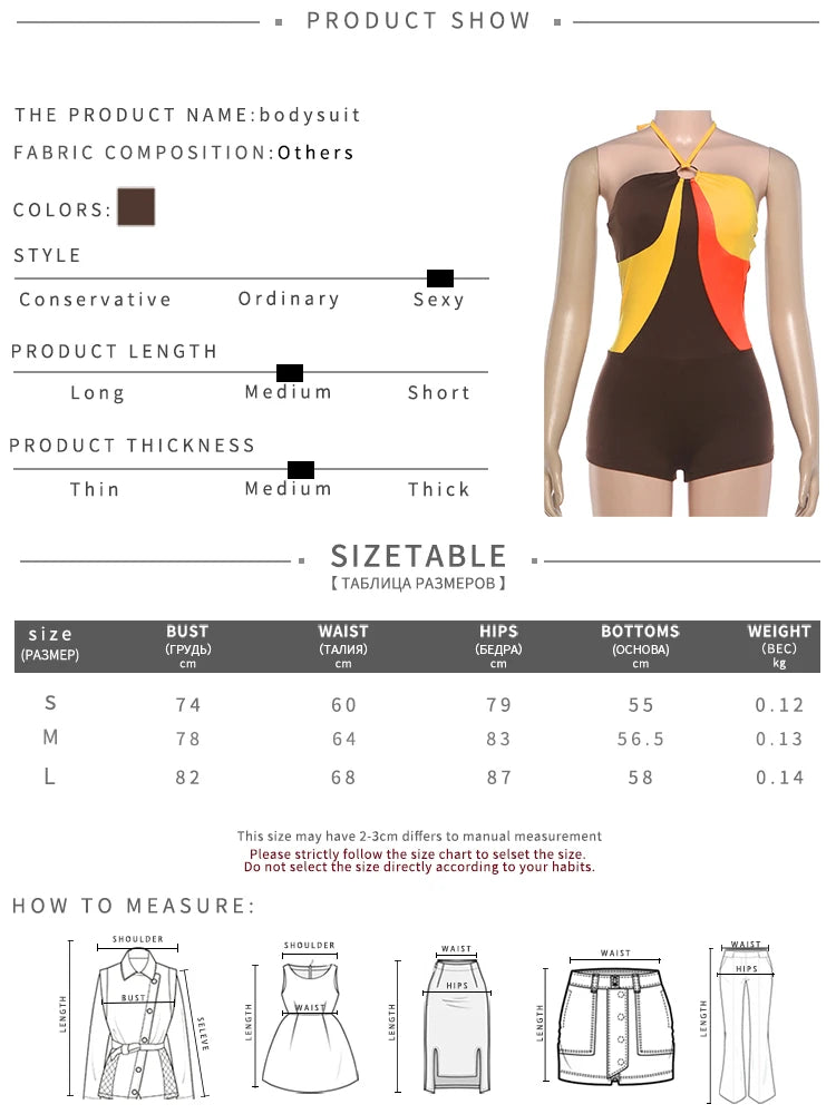 Off Shoulder Color-Blocking Playsuits Woman Metal Rings Patchwork Halter Backless High Street Sexy Chic Fashion Rompers