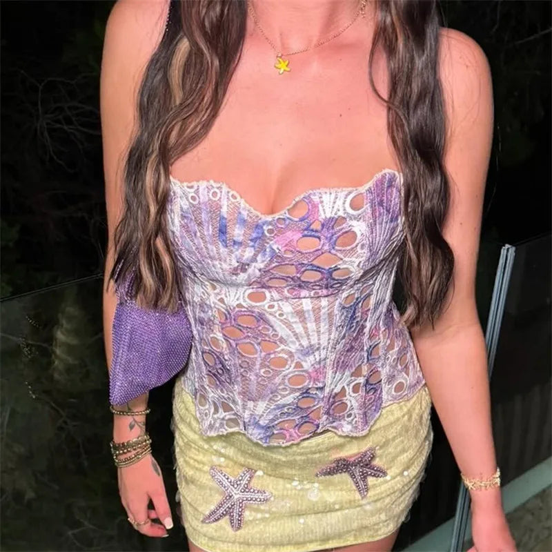 Sexy Print Hollow Out Corset Top Women Slim Bandage Strapless Backless Sleeveless Female Tops Summer Lady Y2k Party Vest