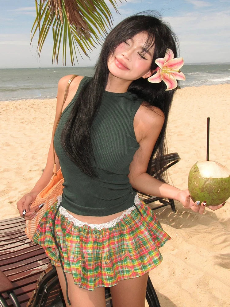 Sweet 2-Piece Set Women Y2K o-Neck Sleeveless Bandage Skinny Tank Tops+Colorful Patchwork Puffy Skirt Matching Suits