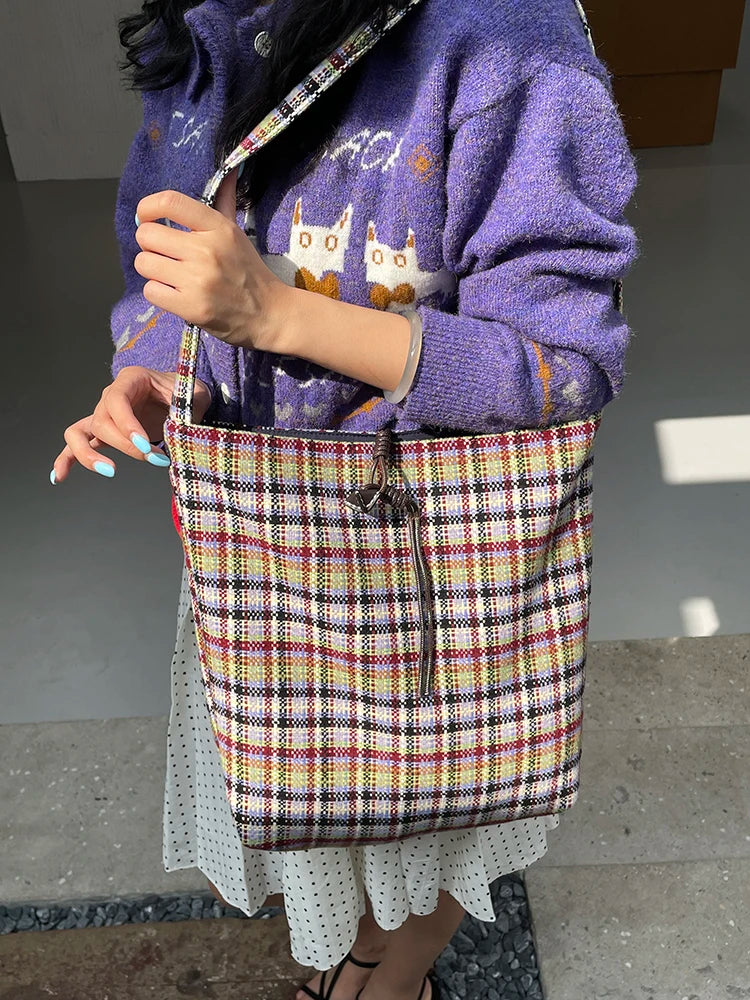 2025 Winter New Arrivals Basic Drawstring Multi Color Checkered Shoulder Bag For Woman