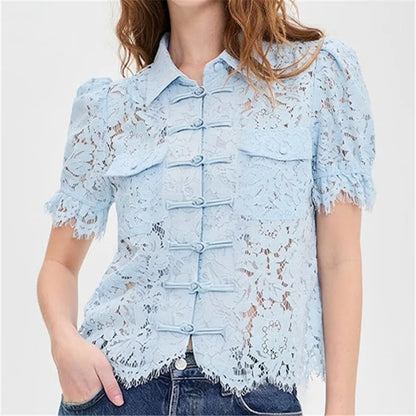 Vintage Floral Lace Blouse For Women Mandarin Collar Frog Button Puff Sleeve Sheer Hollow Out Shirt Solid Summer Party
