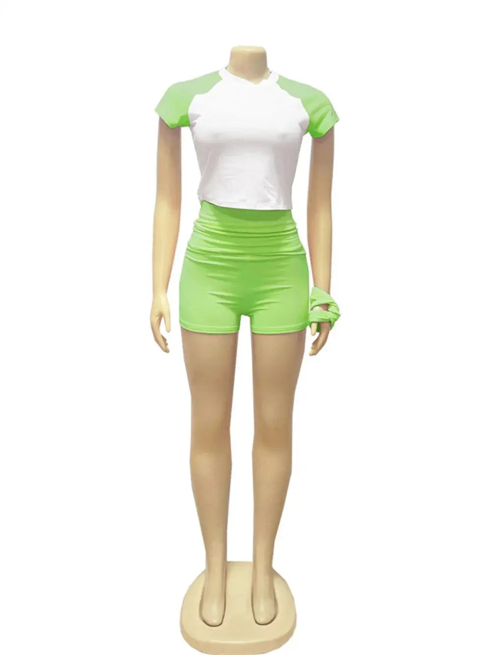 Sporty Patchwork 3 Piece Set Women Casual Summer Headband+Crop Top+High Waist Bike Shorts Street Matching Tracksuit