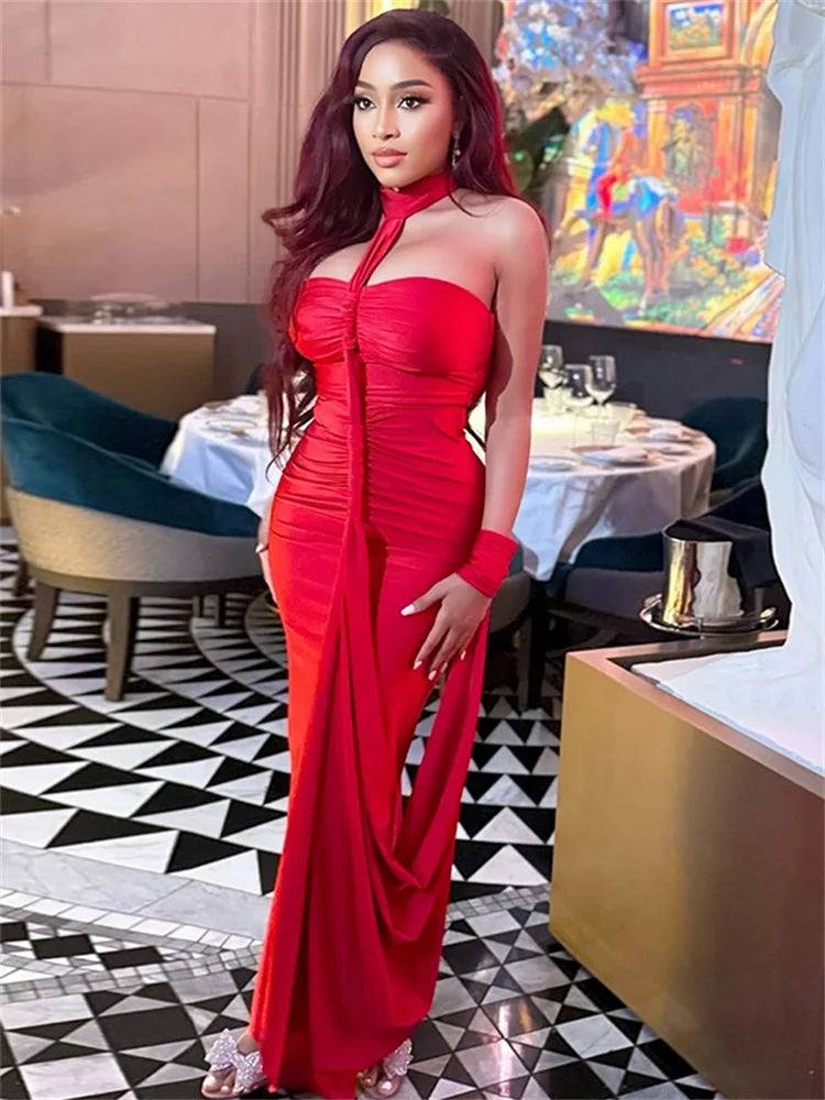 Elegant Halter Maxi Dress Women Backless Skinny Hand Strap Hem Summer Trend Sexy Vacation Birthday Party Vestidos