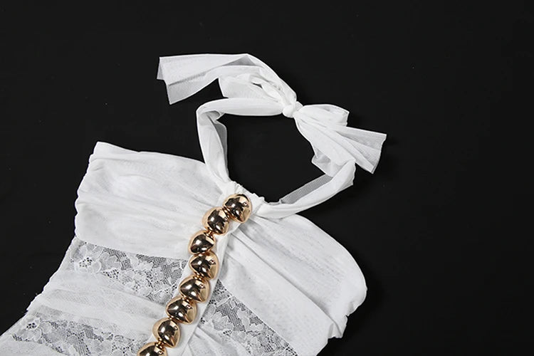 Mesh Patchwork Mini Dress Woman Metal Decoration Halter Off Shoulder Backless Ribbon Prom Party Sexy Fashion Bodycon