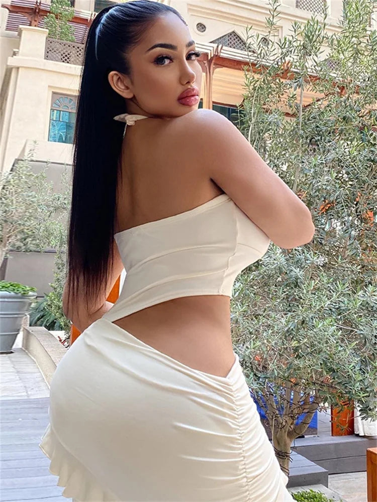 Sexy Hollow Waistless  Dress Women Halter Turtleneck Backless Sleeveless Ruffles Tassel Hottie Hipster Mini Bodycon