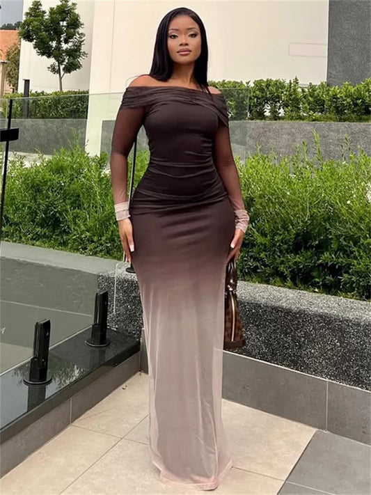 Mesh Gradient Maxi Dress Women Ruched Slash Neck Backless Full Sleeve Vacation Street Fashion Elegant Skinny Vestidos