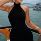 Sexy Backless Halter Dress Women Shirring Elegant Hottie Skinny Peach Hip Beach Vacation Street Clubwear Mini Bodycon
