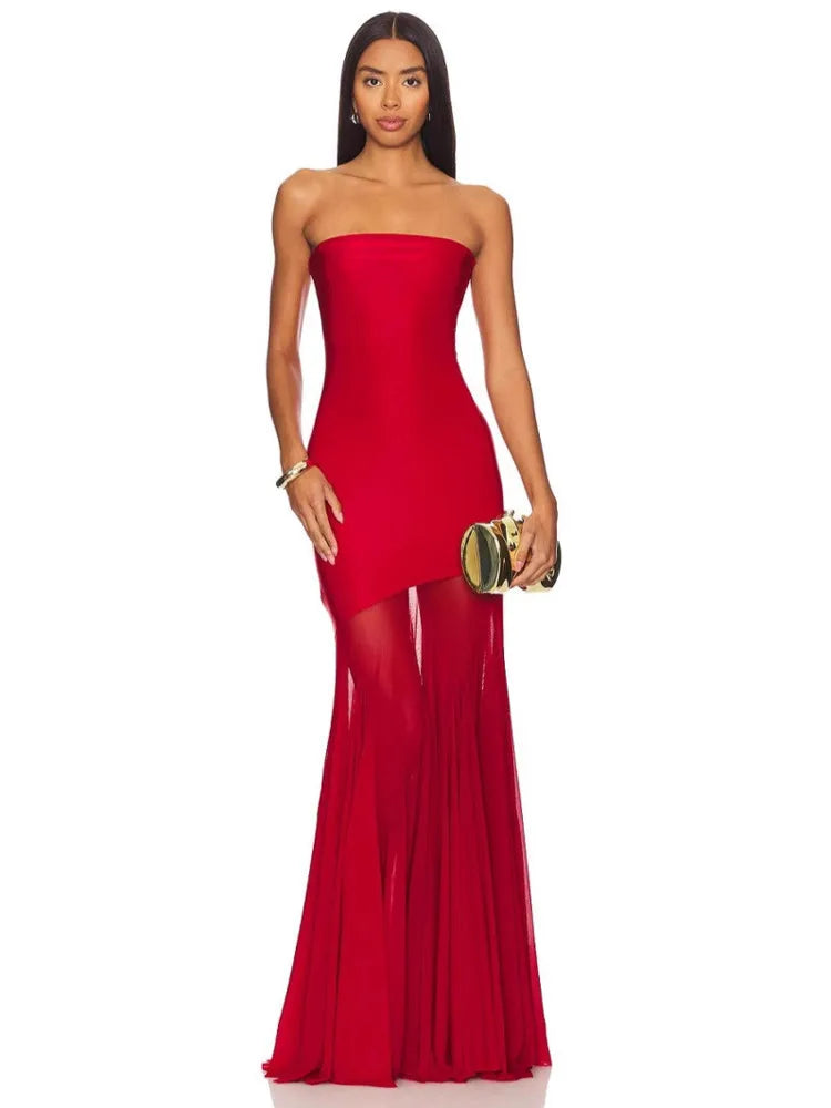 Off-shoulder Strapless Sexy Maxi Dress Women Gown Fashion Elegant Mesh Sleeveless Backless Bodycon Club Party Dresses